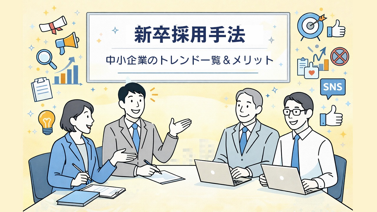 中小企業向けに新卒採用手法のトレンド一覧とメリットを整理し、採用戦略を話し合う様子を表したイメージイラスト
