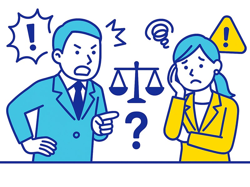 職場での指導とハラスメントの境界線をイメージ化したイラスト。目的や頻度、言動内容の違いを象徴する複数のアイコンを配置し、境界線判断のポイントを視覚的に表現した構成。