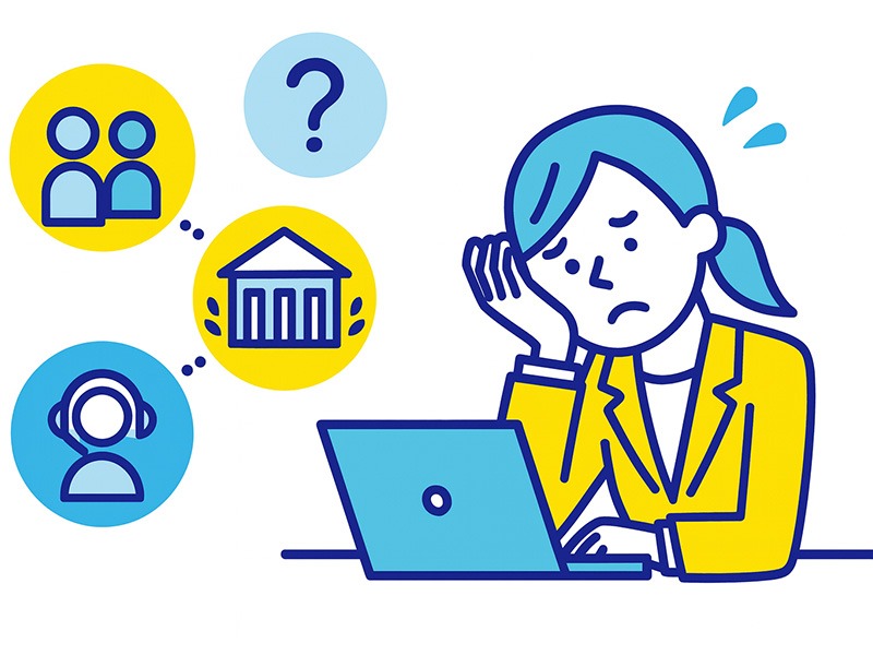 職場ハラスメントの相談先を示すイラスト。女性が悩みながらPCに向かい、社内窓口・公的機関・外部相談サービスのアイコンが並ぶ図