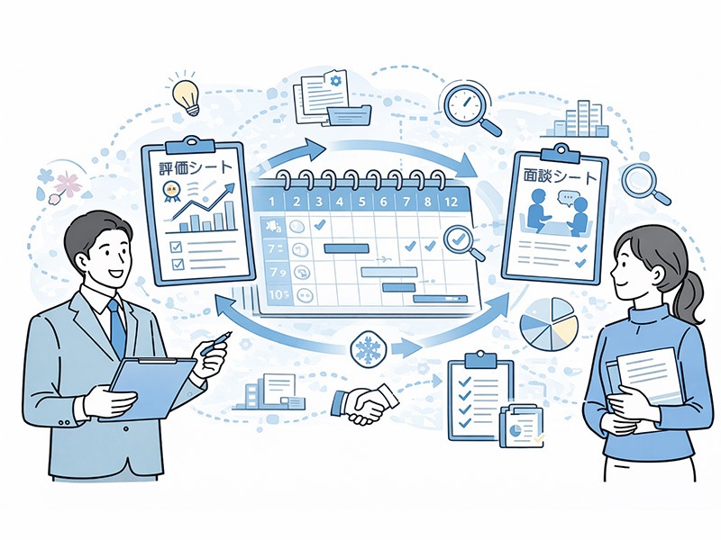 人事評価制度の作り方に基づき、評価シートや面談を含めた年間運用スケジュールを整理する人事担当者のイメージイラスト