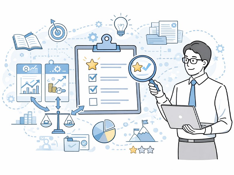 人事評価制度の作り方における評価項目と評価基準の設計方法を整理し、判断軸を確認する人事担当者のイメージイラスト