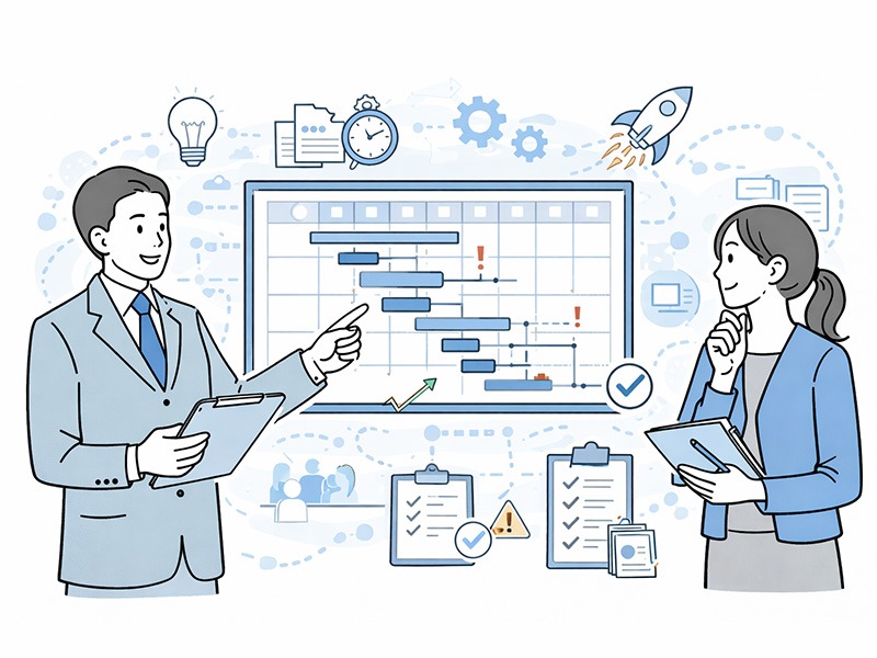 人事評価制度の作り方における運用準備スケジュールを整理し、導入までの流れを確認する人事担当者のイメージイラスト