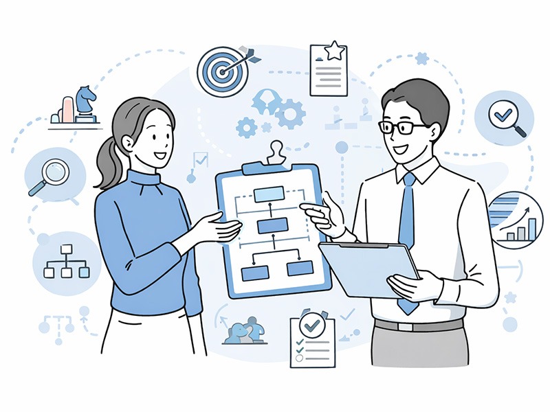 人事評価制度の作り方と全体像を示し、制度設計と運用を整理して考える人事担当者のイメージイラスト