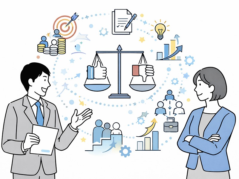 人事評価に関する人事・HRビジネス用語を辞典形式で整理し、評価制度や運用の考え方を可視化したイメージイラスト