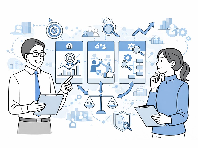 人事評価制度の種類と考課トレンドを整理し、自社に合う評価方法を検討する人事担当者のイメージイラスト