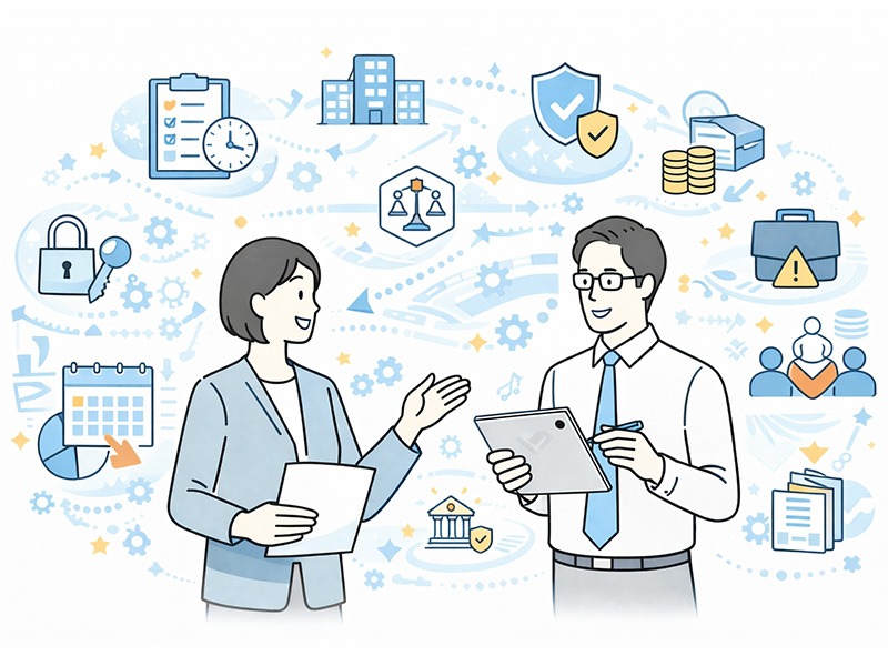 労務領域に関する人事・HRビジネス用語を辞典形式で整理し、労務管理や働き方の基礎知識を可視化したイメージイラスト