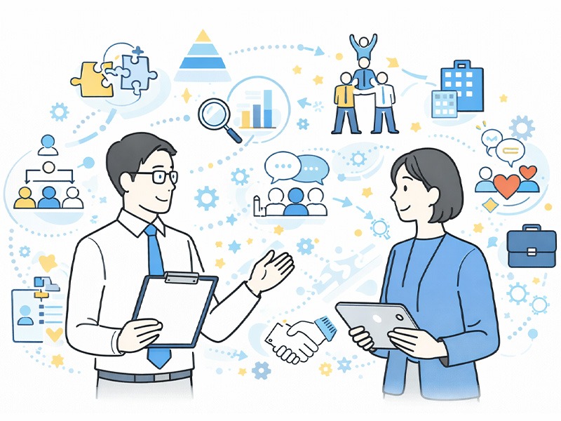 組織領域に関する人事・HRビジネス用語を辞典形式で整理し、組織状態や人材定着の考え方を可視化したイメージイラスト