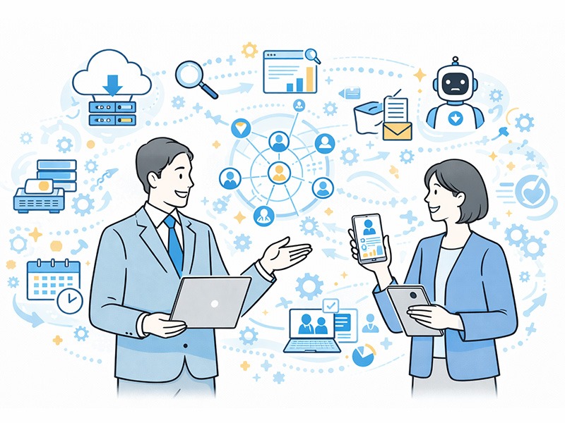 HRテクノロジー領域に関する人事・HRビジネス用語を辞典形式で整理し、HRテック活用やシステム導入の考え方を可視化したイメージイラスト