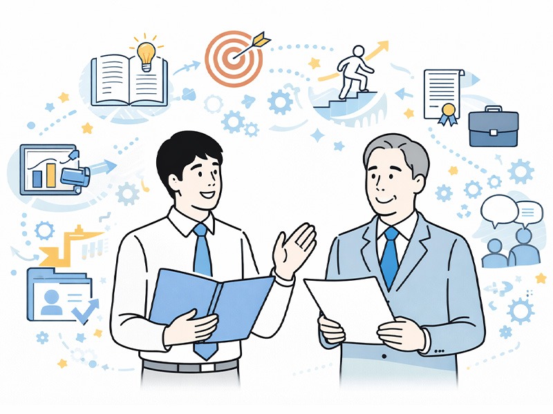 人材育成に関する人事・HRビジネス用語を辞典形式で整理し、育成施策やキャリア形成の考え方を可視化したイメージイラスト