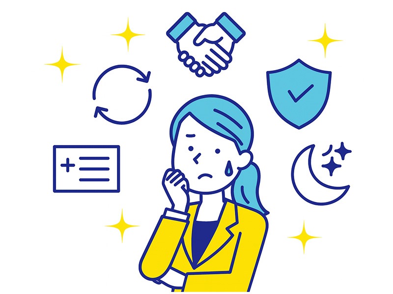 会社の人間関係ストレスを減らす対処法を表すイラスト。職場での悩みに負担を感じる女性と、改善を示す複数のアイコンを配置した構図。