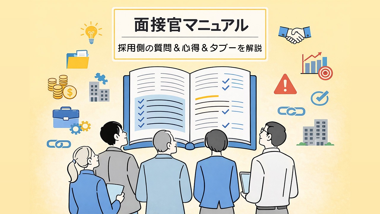 面接官マニュアルで採用側の質問や心得、タブーを体系的に解説する全体ガイドのイメージ