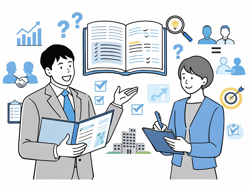 面接官マニュアルをもとに採用面接の進め方や評価基準を共有する採用側のイメージイラスト