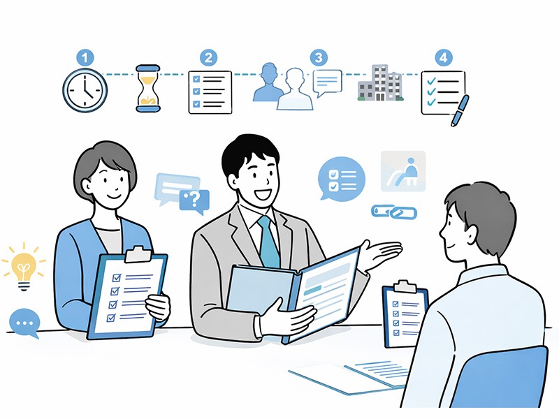 面接官マニュアルをもとに採用面接の進め方や時間配分を設計する採用側の面接シーンイメージ