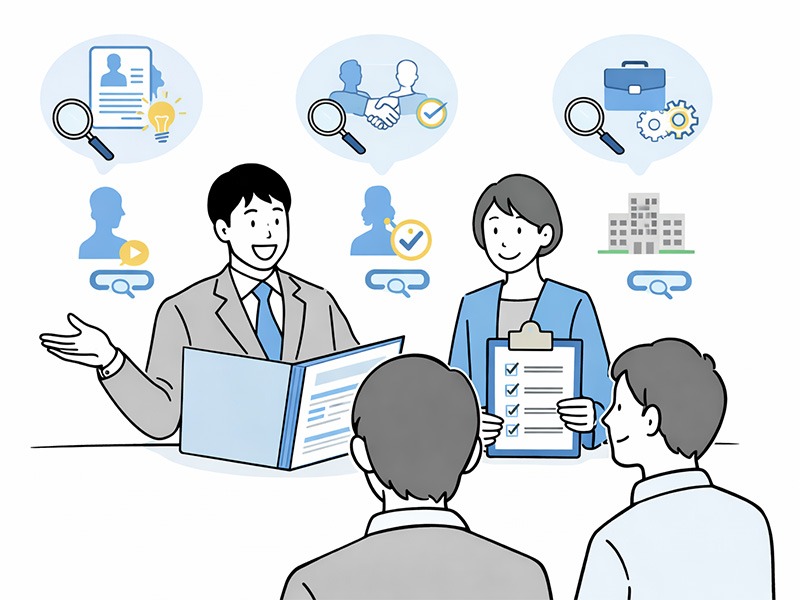 面接官マニュアルをもとに質問例と質問の意図を整理し採用判断の再現性を高める採用側のイメージイラスト