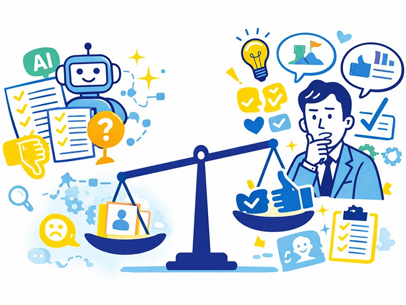 ChatGPTなどのAI面接練習で作られた回答よりも、面接官が思考の一貫性や経験の解釈を重視して評価している判断軸を表したイラスト