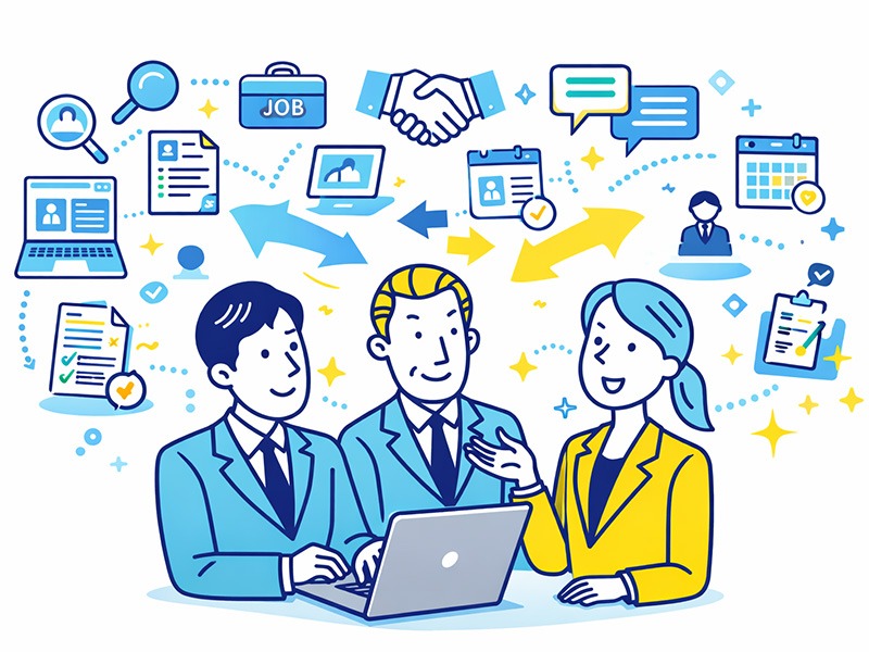 転職エージェントの特徴として、担当者の支援を受けながら転職活動を進める様子を表したイラスト