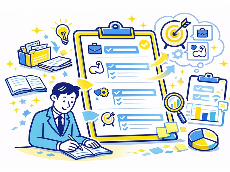 転職の自己分析シートの作り方をイメージしたイラスト。経験・強み・価値観を整理しキャリアを可視化する様子