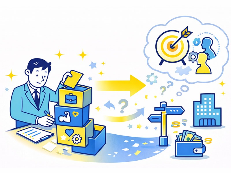 転職自己分析のやり方と基本手順をイメージしたイラスト。経験・強み・価値観を整理し転職の判断軸を考える様子