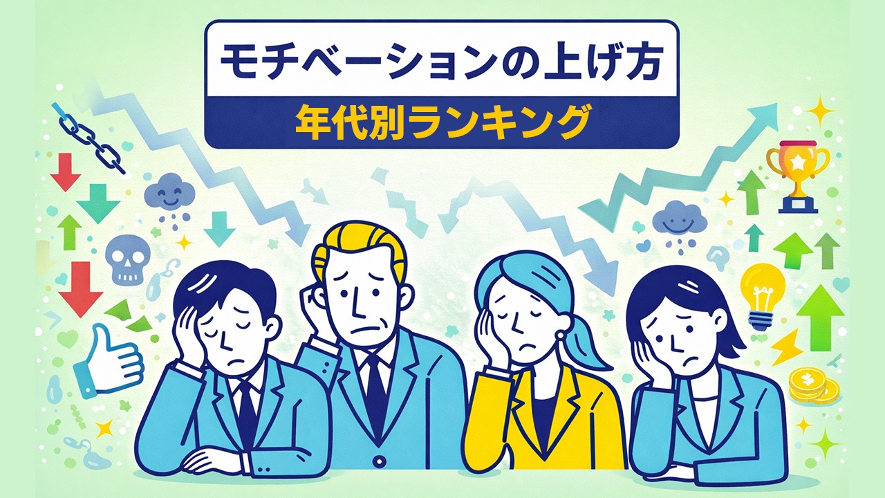 仕事モチベーションが全くない30代・40代・50代の男女が、年代別にモチベーションの上げ方を考えるランキング形式のイメージイラスト