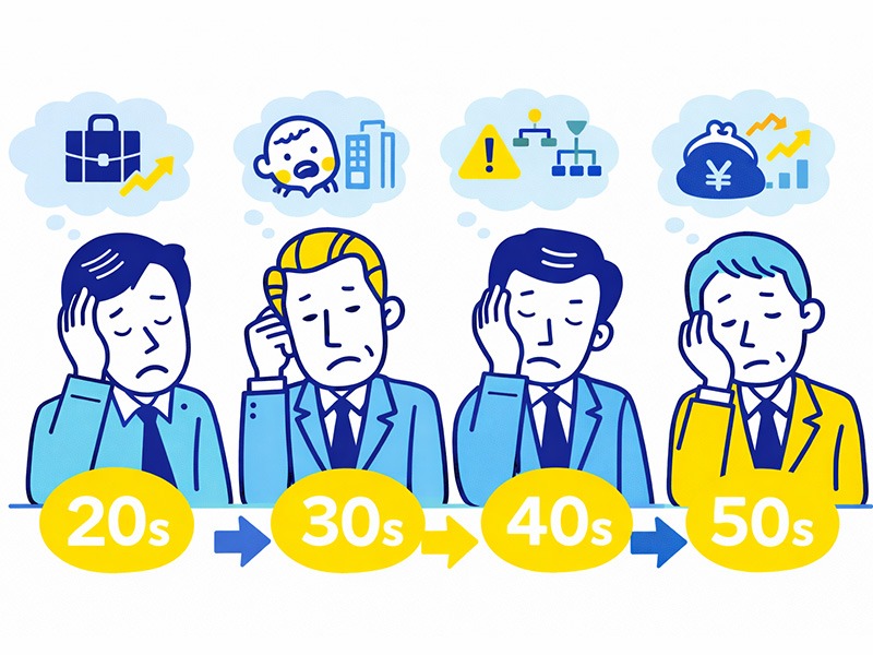 仕事行きたくない拒否反応の年代背景をイメージしたイラスト。20代・30代・40代・50代で異なる仕事ストレスやキャリア不安を表現