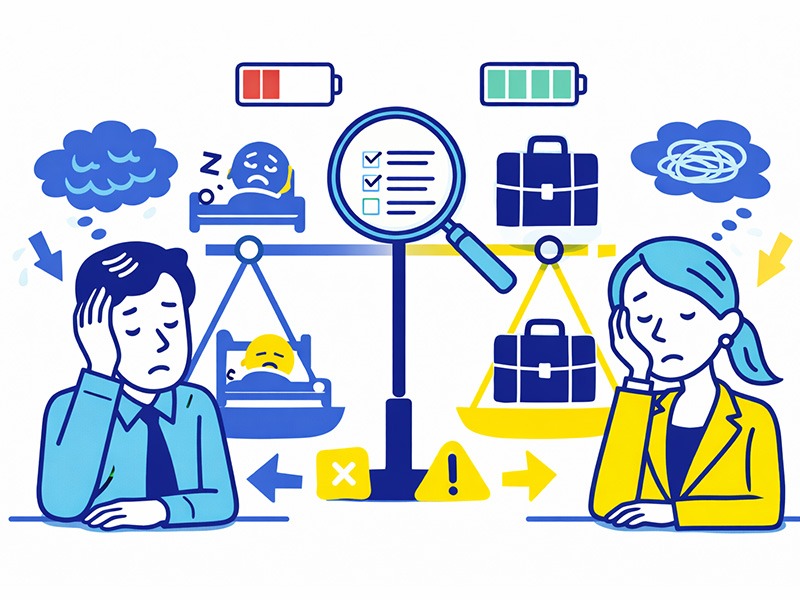 仕事行きたくない拒否反応の状態判断をイメージしたイラスト。疲労やストレスの状態を整理し、休むか働き方を見直すか判断する様子を表現