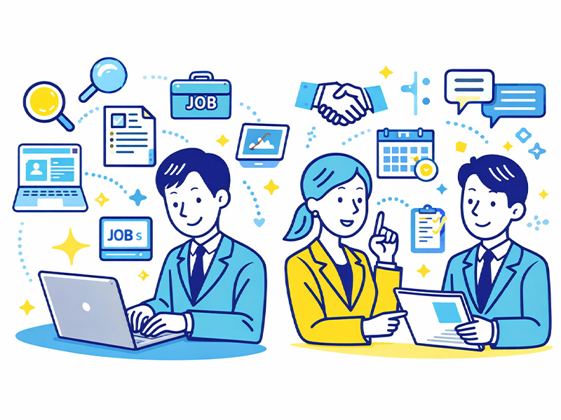 転職サイトと転職エージェントの違いを、検索型とサポート型の特徴で比較したイラスト