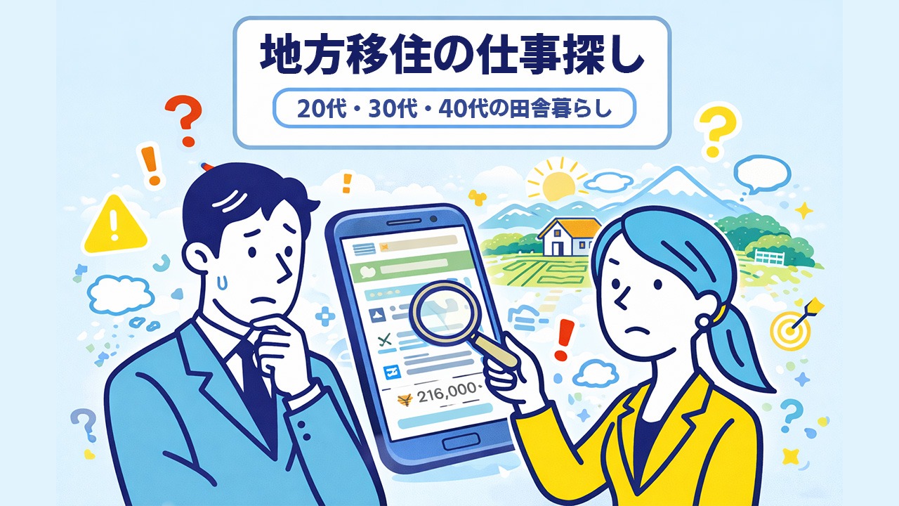地方移住で仕事探しに悩む20代30代40代が、田舎暮らしと転職の選択肢をスマホで確認しているイラスト