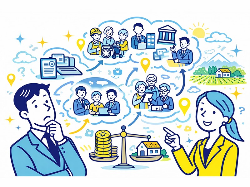 地方移住で需要のある仕事を、年代別に比較しながら転職を考える男女のイラスト