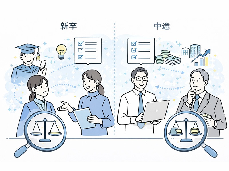 新卒採用と中途採用で異なる採用基準の作り方と決め方を比較し、評価項目の違いを整理したイメージイラスト