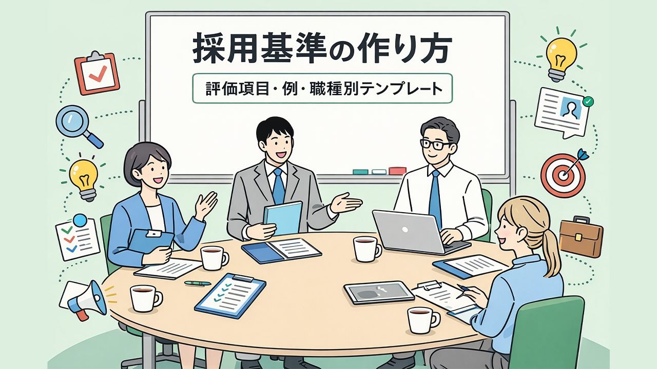 採用基準の作り方や評価項目、職種別テンプレートについて人事担当者が会議で整理しているイメージイラスト