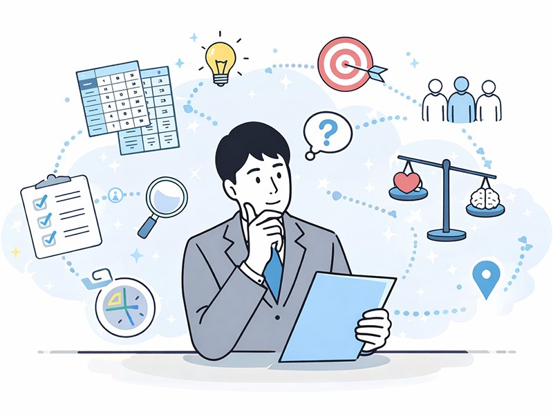 採用基準の作り方を整理し、評価項目や判断軸を検討している採用担当者のイメージイラスト