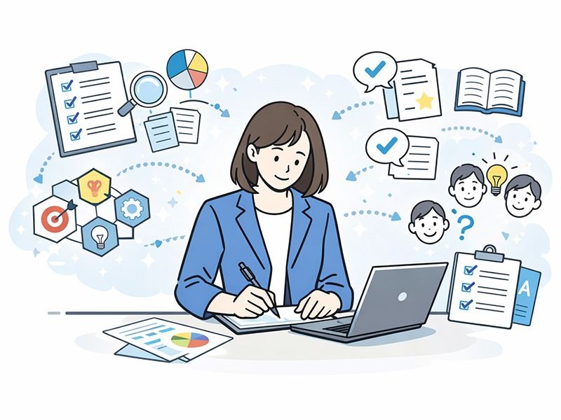 採用基準の決め方を手順に沿って設計し、評価項目を整理している採用担当者のイメージイラスト