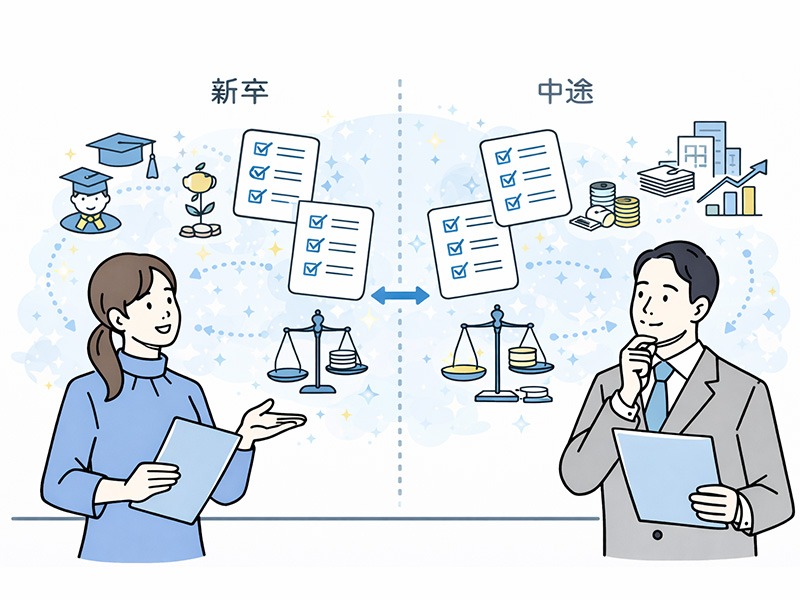 採用基準テンプレートを使って評価項目を記録・比較し、判断を整理している採用担当者のイメージイラスト