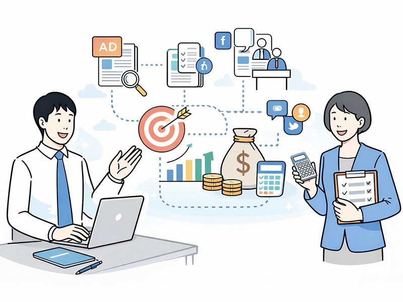 採用計画における採用手法と予算設計をテーマに、採用媒体の選定やコスト配分を検討しているイメージイラスト