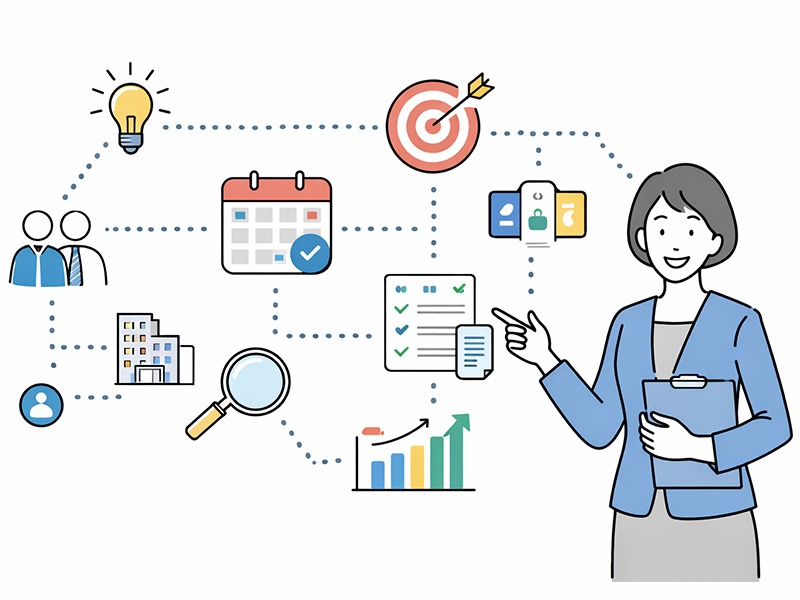 採用計画の立て方をテーマに、目的・目標・人員数・採用時期・手法をアイコンで整理しているイメージイラスト