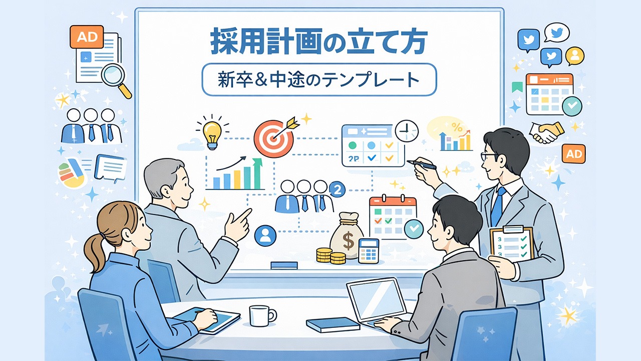 採用計画の立て方をテーマに、新卒・中途別のテンプレートを使って人事担当者が会議で設計を進めているイメージイラスト