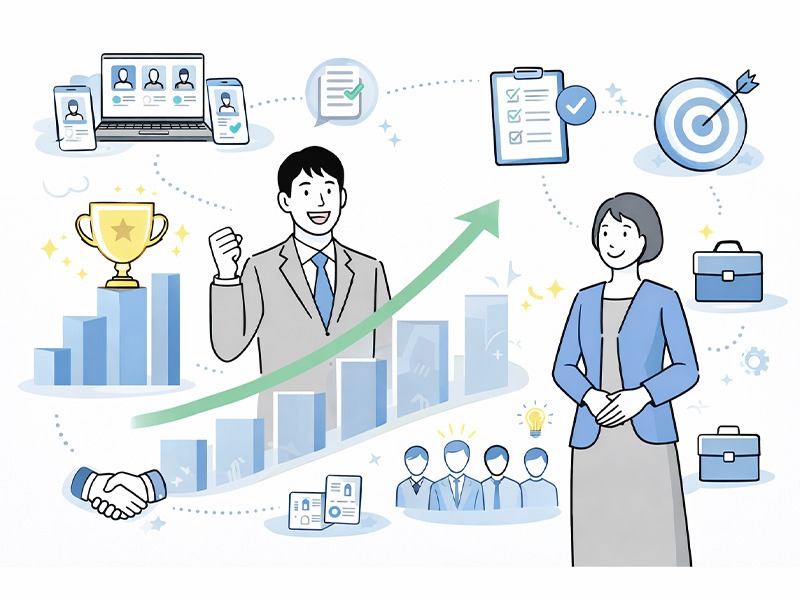 採用広報のメリットと成功事例をテーマに、採用活動の質を高め中長期的に採用基盤を強化する採用広報の効果を表したイメージイラスト