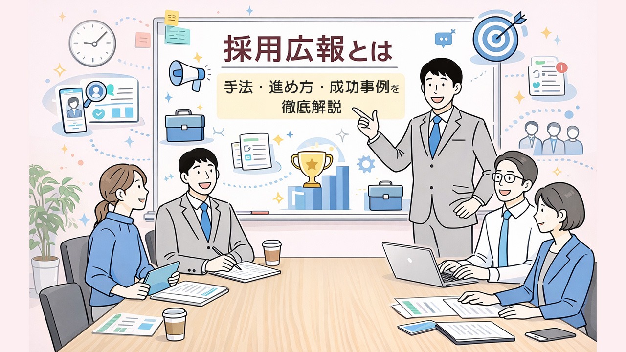 採用広報とは何かをテーマに、手法・進め方・成功事例を人事担当者が会議で整理している様子を表した採用広報のイメージイラスト