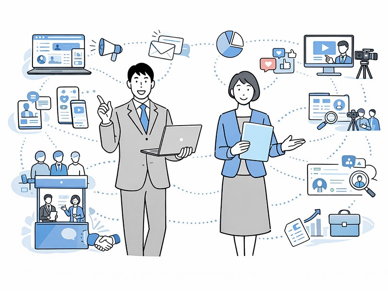 採用広報で使われる主な手法をテーマに、複数の採用広報施策を組み合わせて企業理解を深める考え方を表したイメージイラスト