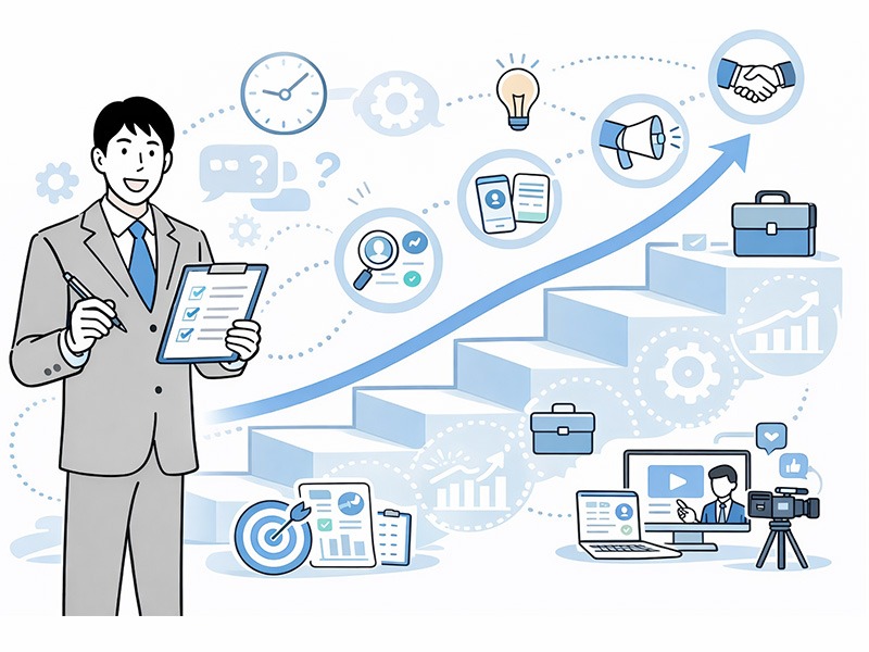 採用広報の進め方と設計手順をテーマに、目的と順番を整理しながら段階的に施策を設計する採用広報の流れを表したイメージイラスト