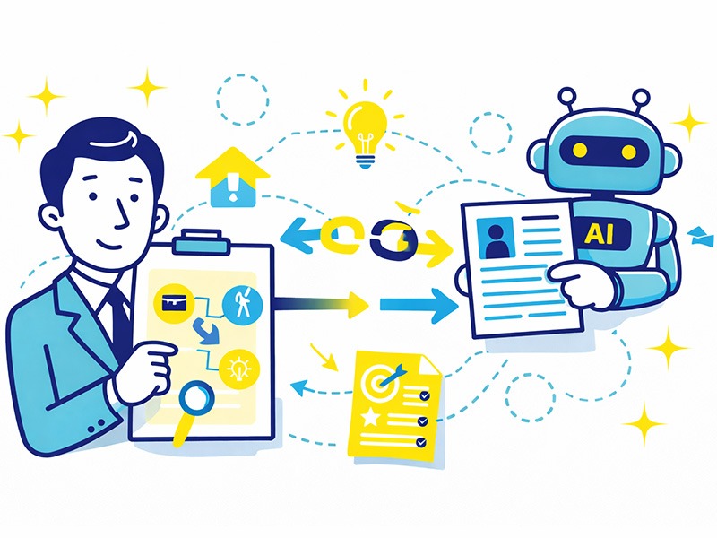 履歴書や職務経歴書で採用担当者が重視する文脈や経験の流れと、AI自動作成文章とのズレを示したイラスト