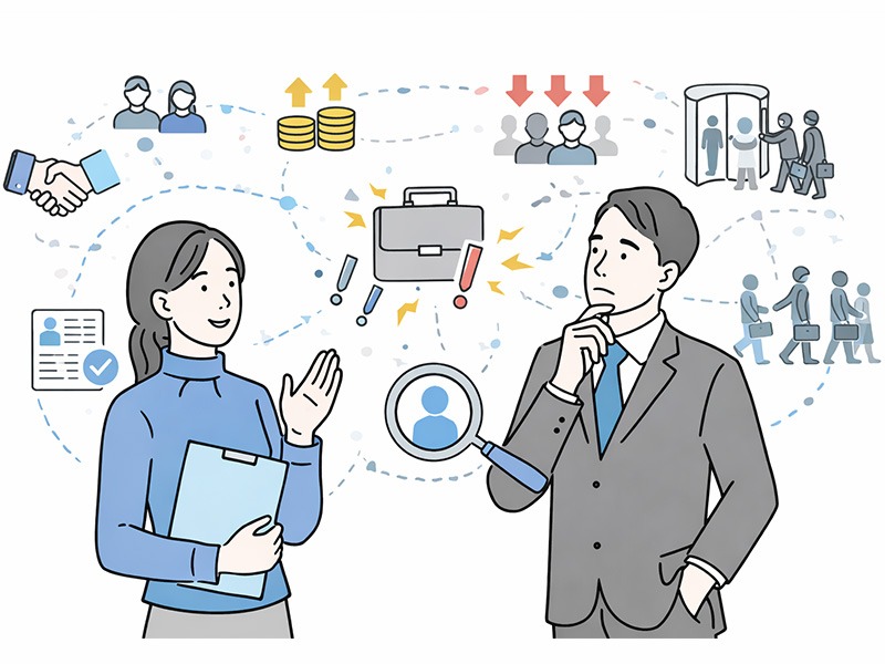 採用環境の変化と人材流動性の高まりを背景に、リテンションマネジメントが注目される理由を示した人材定着戦略のイメージ