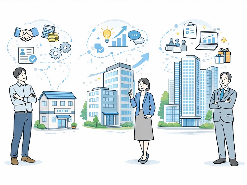 企業規模や成長フェーズごとに異なるリテンションマネジメントの実践ポイントを整理し、人材定着率向上につなげる考え方を示したイメージ