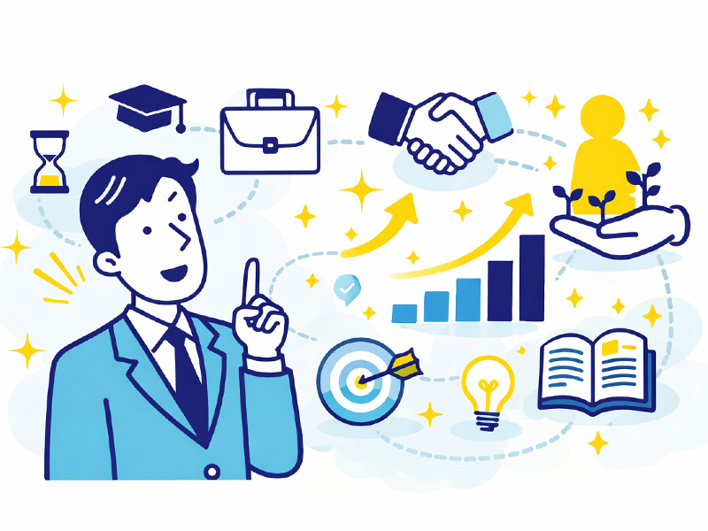 第二新卒の退職理由や転職理由を整理し、成長余地や市場評価を理解する様子を表したイラスト