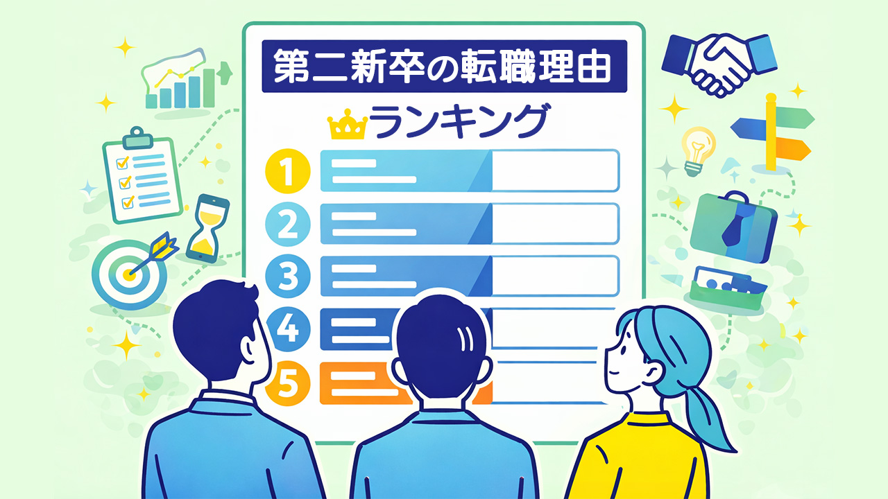 第二新卒の転職理由をランキング表で整理し、複数人が全体像を俯瞰して確認している様子を表したイラスト