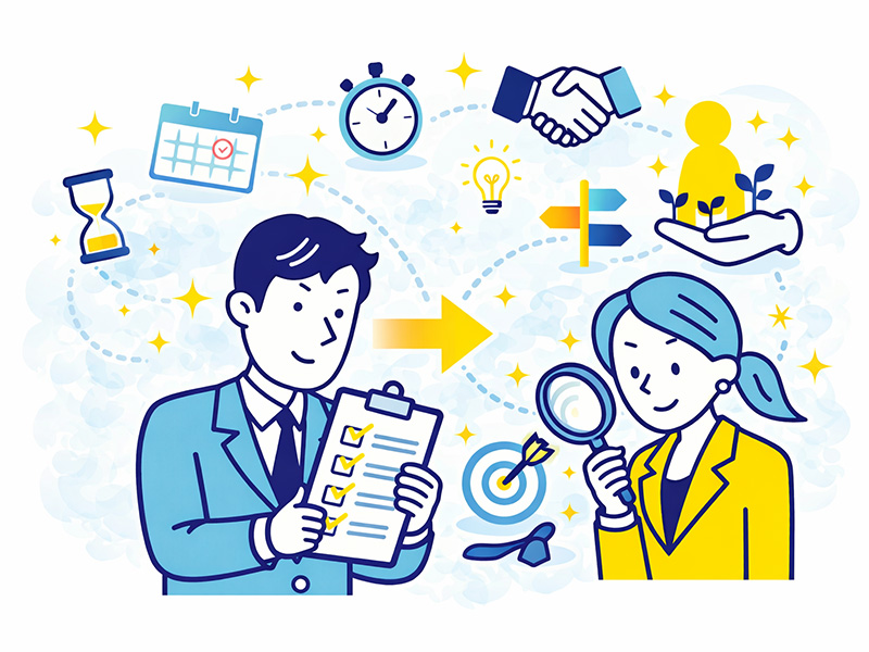 第二新卒が転職を成功させるために、事前準備や判断の順序を整理して考えている様子を表したイラスト