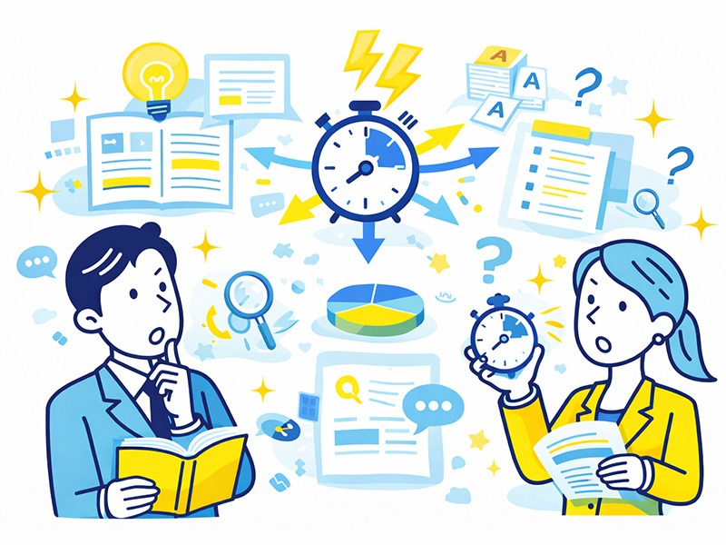 SPI対策における言語問題の考え方と時間配分を整理し、効率的な解き方を理解する様子を表したイラスト