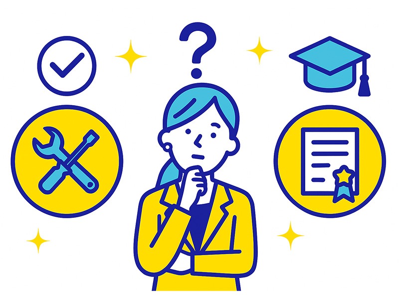 資格の有無別で選ぶ女性の手に職をテーマに、仕事選びの違いを示したイラスト