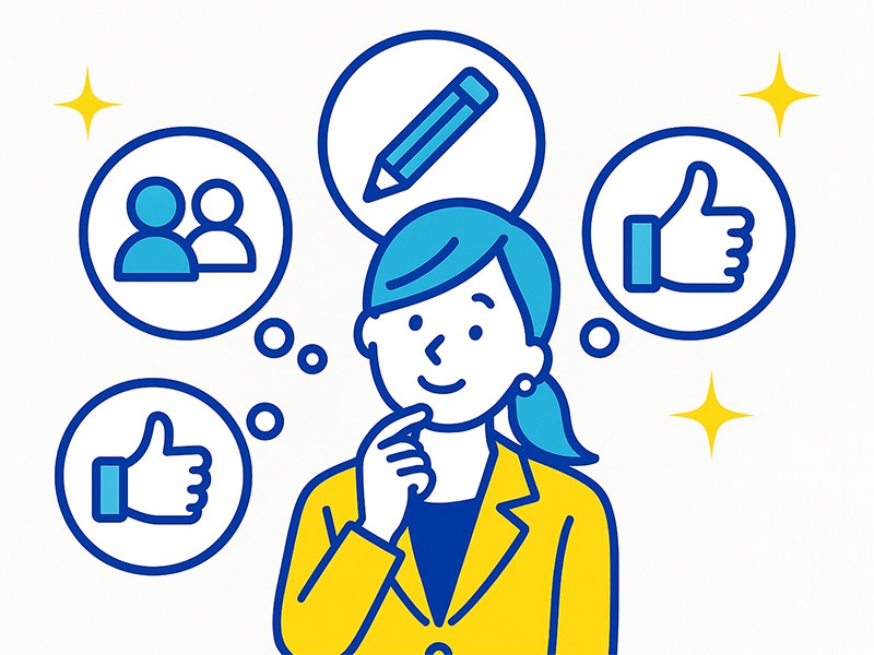 性格タイプ別に女性が選びやすい手に職をイメージしたイラスト。複数のアイコンで仕事の特徴を表現。