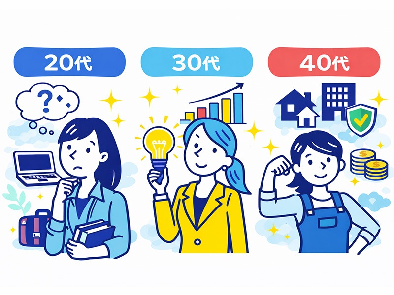 年代別に見る女性の手に職選択を表したイラスト。20代・30代・40代それぞれの前提や不安、強みの違いをイメージで整理